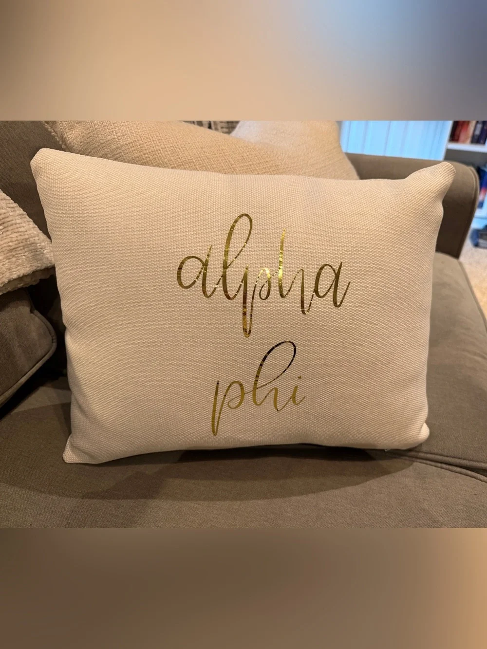 Alpha Phi Gold Script Decorative Pillow - Cream